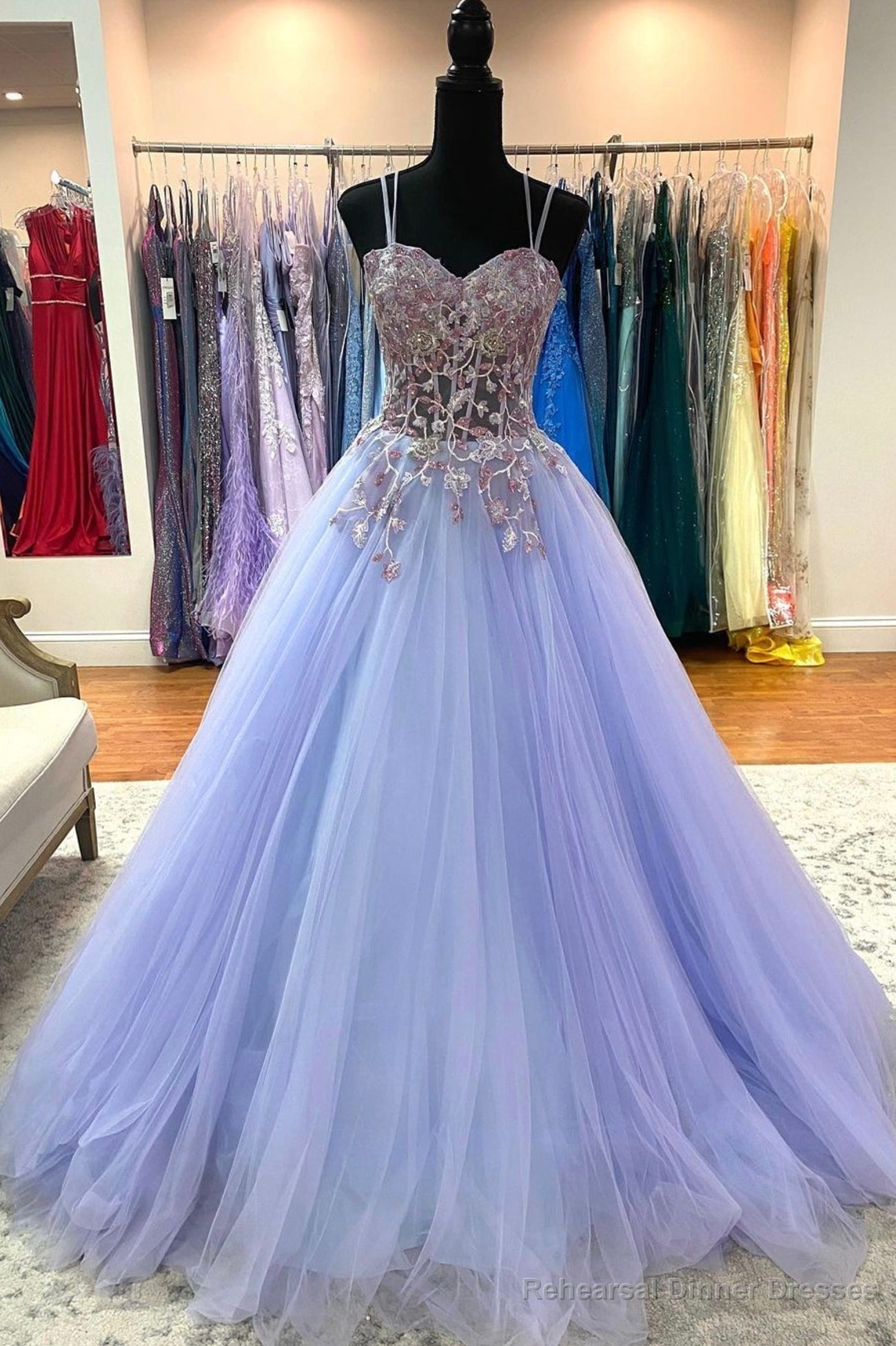 Spaghetti Strap Lace Evening Dress, Purple A-Line Prom Dress Main image