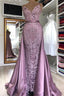 Spaghetti Strap Lilac Sleeveless Evening Dress With Overskirt Chic V-Back Prom Party Gowns With Gorgeous Lace Appliques