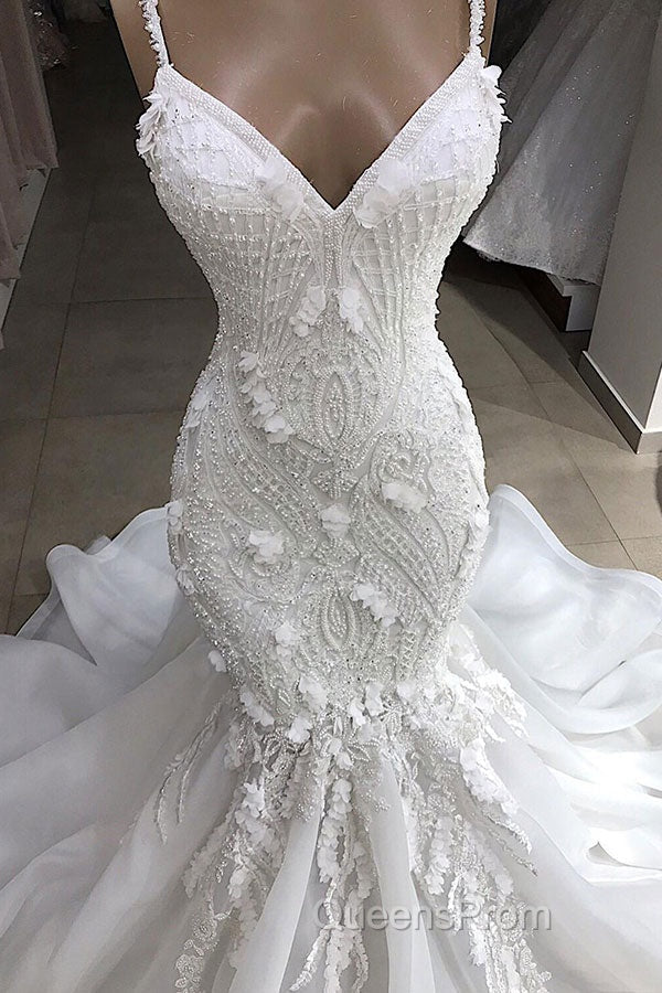 Spaghetti Strap Real Model White Mermaid Wedding Dress with AmazingLace Appliques