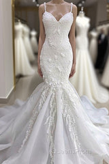 Spaghetti Strap Real Model White Mermaid Wedding Dress with AmazingLace Appliques