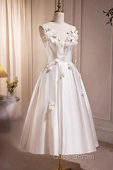 Spaghetti Strap Satin White Floral Short Evening Prom Dress