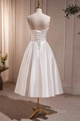 Spaghetti Strap Satin White Floral Short Evening Prom Dress