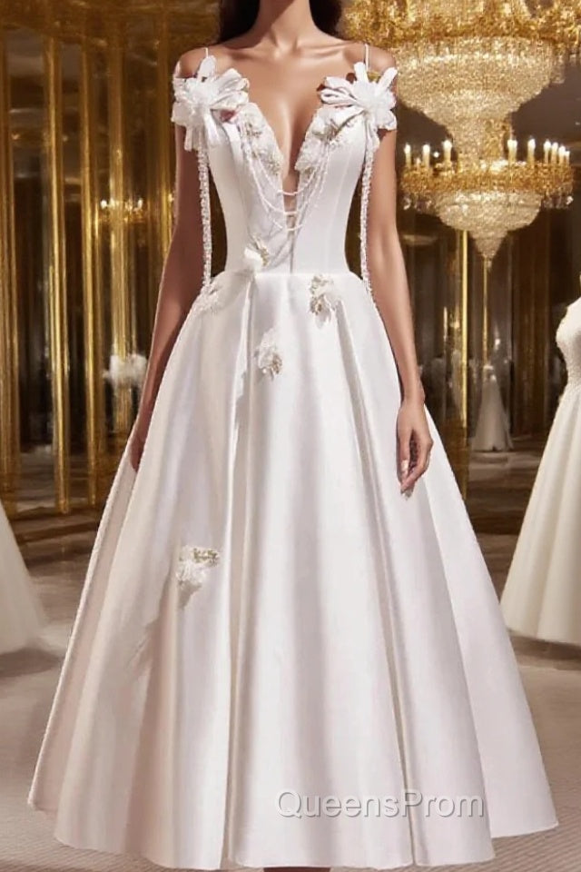Spaghetti Strap Satin White Floral Short Evening Prom Dress Main image