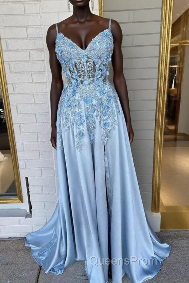 Spaghetti Straps 3D Flowers Evening Prom Dress A Line Formal Gown Main image