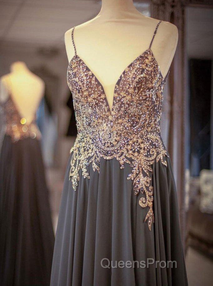 Gray Spaghetti Straps A-line Beaded Long Evening Prom Dress Secondary image