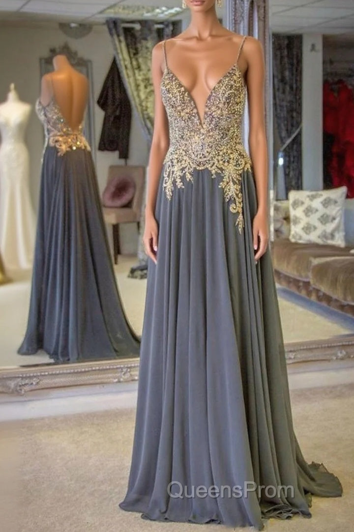 Gray Spaghetti Straps A-line Beaded Long Evening Prom Dress Main image