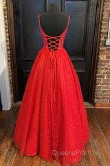 Spaghetti Straps A-line Red Shiny Evening Prom Gown,Long Evening Prom Dress