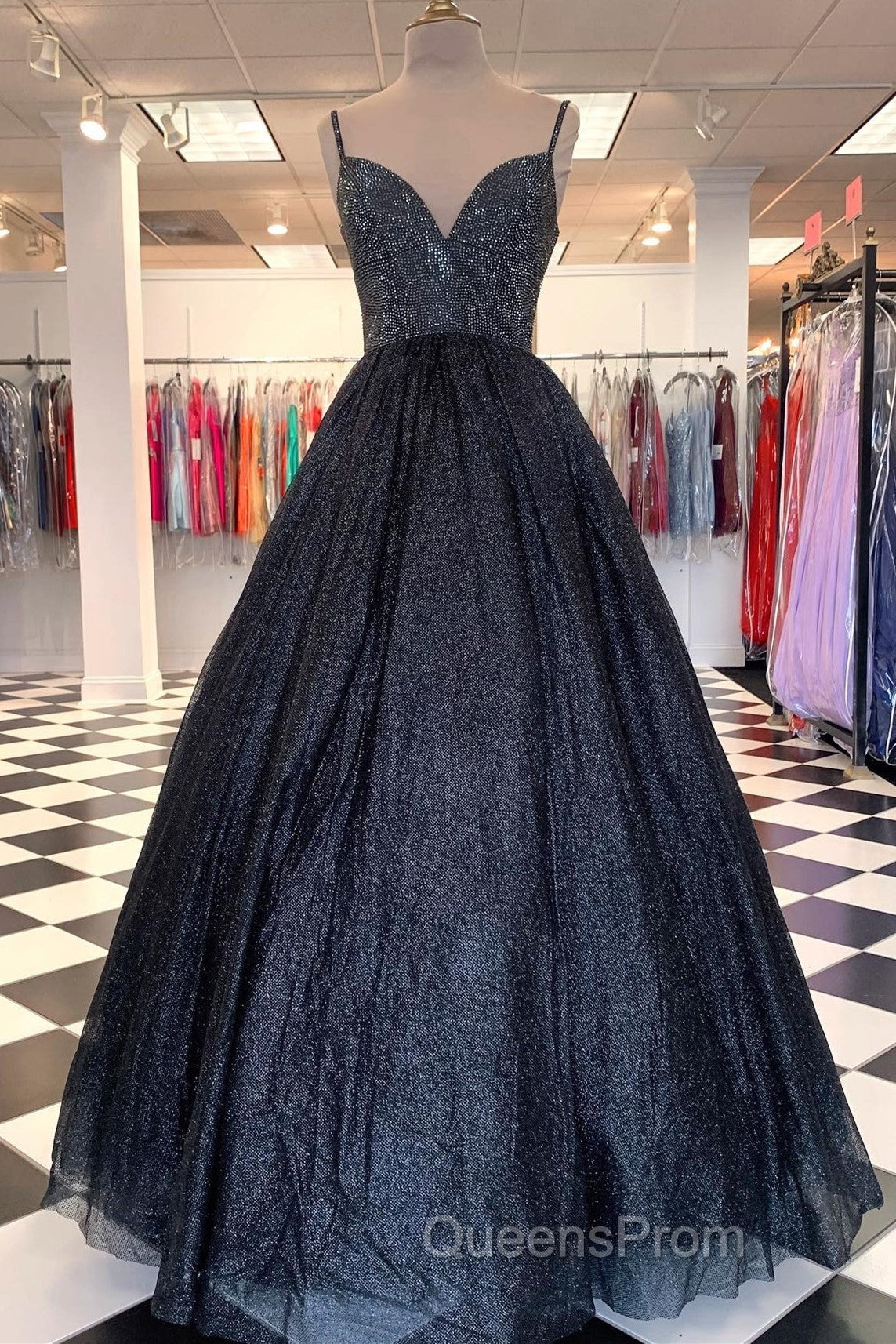 Spaghetti Straps A-line Red Shiny Evening Prom Gown,Long Evening Prom Dress