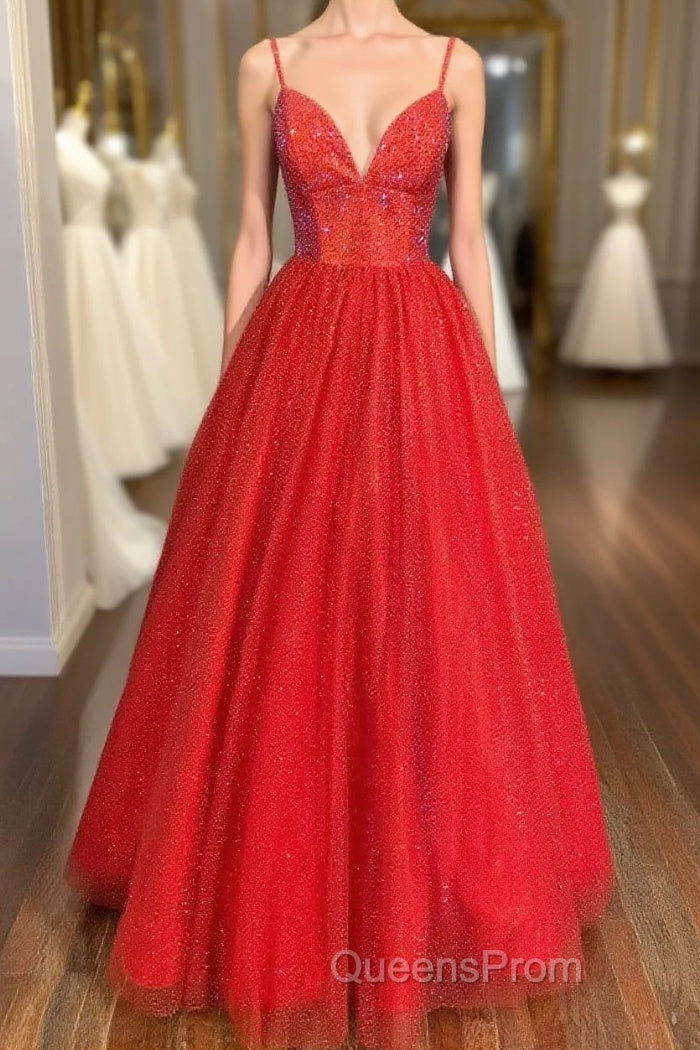 Spaghetti Straps A-line Red Shiny Evening Prom Gown,Long Evening Prom Dress