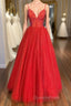 Spaghetti Straps A-line Red Shiny Evening Prom Gown,Long Evening Prom Dress