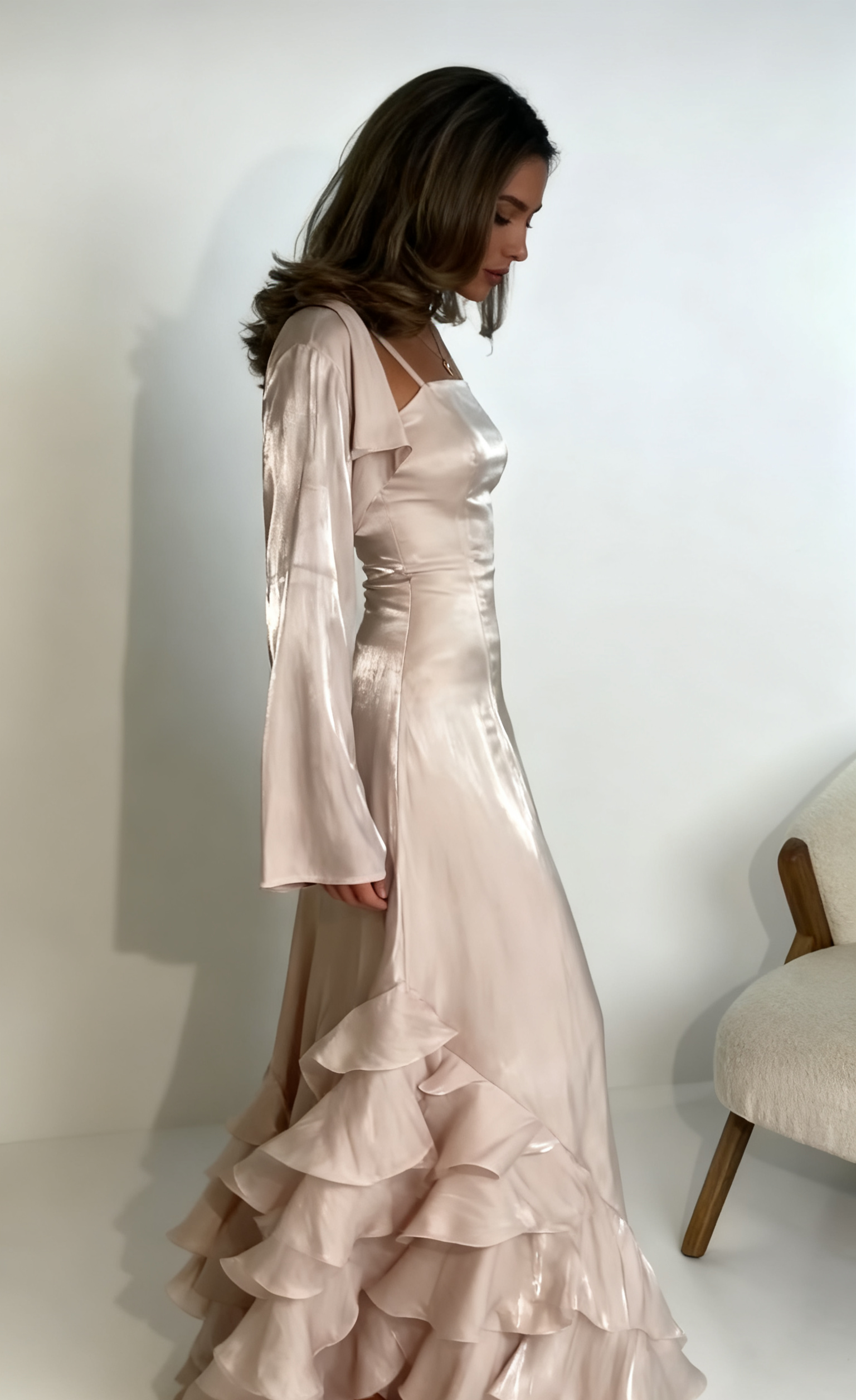 Spaghetti Straps A Line Ruffled Long Classy Prom Dress