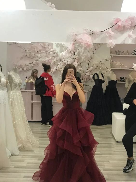 Spaghetti Straps A Line Tulle Classy Prom Dress Ruffle Burgundy Classy Gown