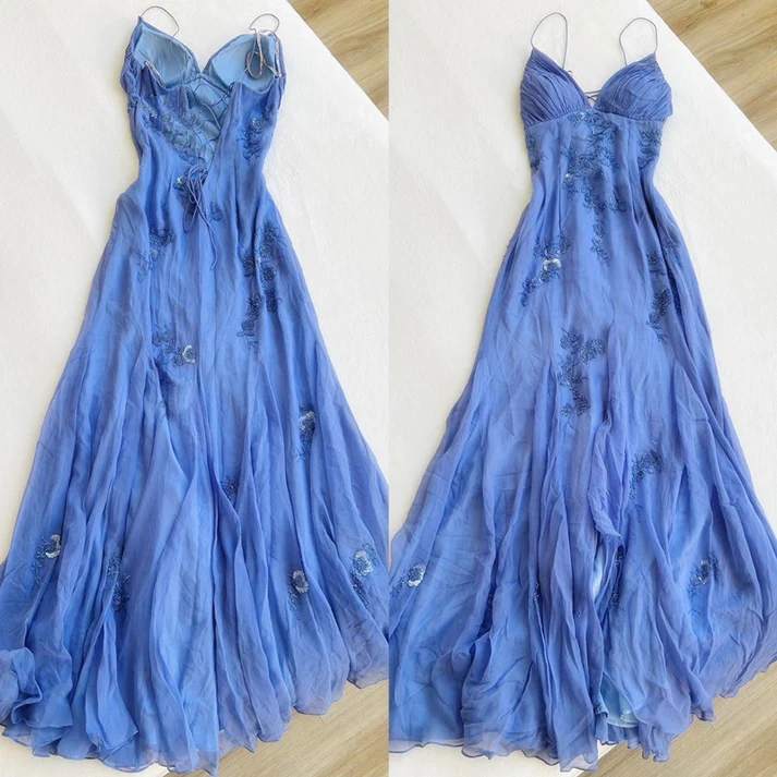 Spaghetti Straps Appliques A Line Long Classy Prom Dress