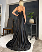 Black Fashion Classy Sexy V-Neck Exquisite Lace Spaghetti Straps Side Slits Long Satin Classy Prom Dress Classy Evening Dress Party Dress
