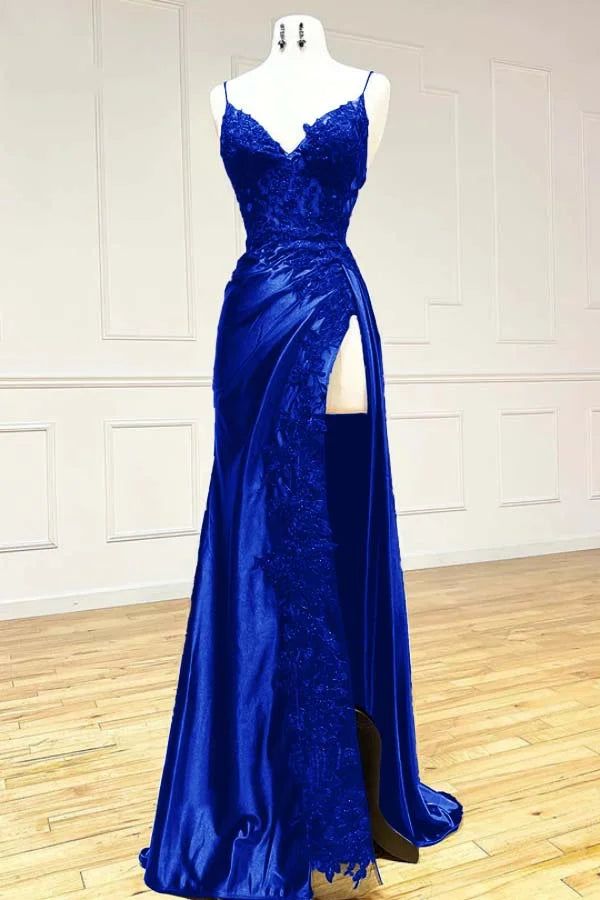 Black Fashion Classy Sexy V-Neck Exquisite Lace Spaghetti Straps Side Slits Long Satin Classy Prom Dress Classy Evening Dress Party Dress