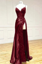 Black Fashion Classy Sexy V-Neck Exquisite Lace Spaghetti Straps Side Slits Long Satin Classy Prom Dress Classy Evening Dress Party Dress