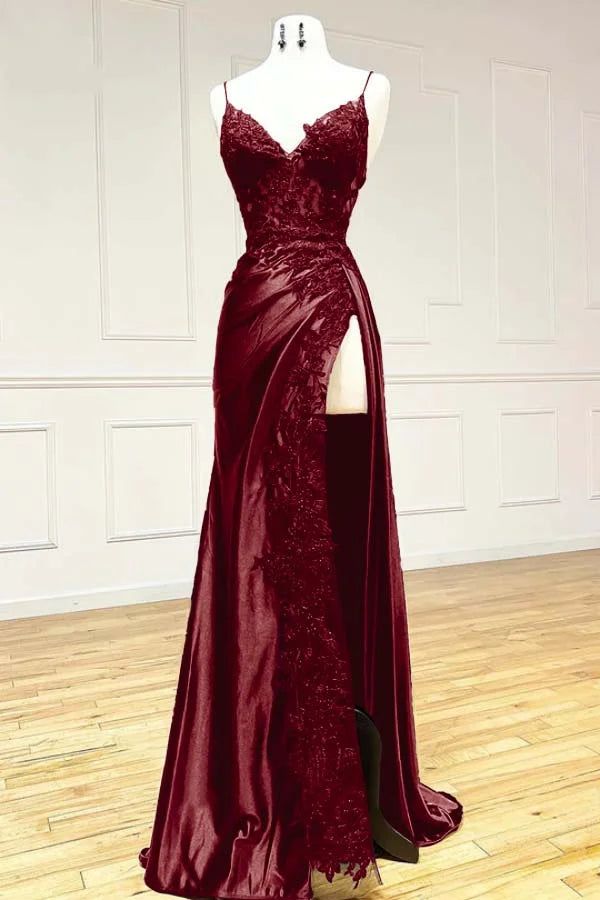 Black Fashion Classy Sexy V-Neck Exquisite Lace Spaghetti Straps Side Slits Long Satin Classy Prom Dress Classy Evening Dress Party Dress
