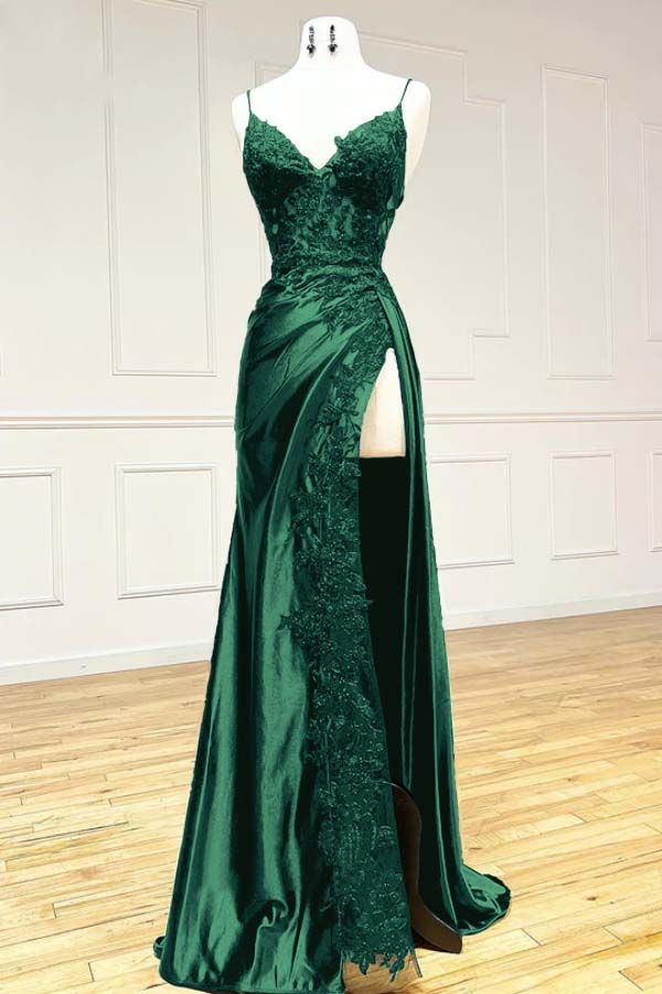 Black Fashion Classy Sexy V-Neck Exquisite Lace Spaghetti Straps Side Slits Long Satin Classy Prom Dress Classy Evening Dress Party Dress