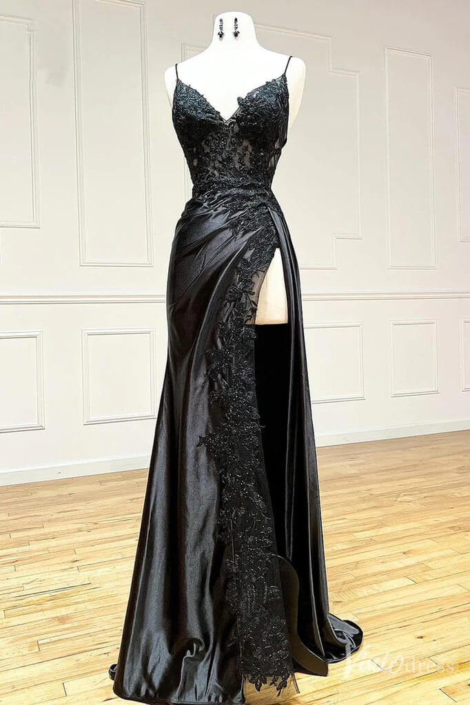 Black Fashion Classy Sexy V-Neck Exquisite Lace Spaghetti Straps Side Slits Long Satin Classy Prom Dress Classy Evening Dress Party Dress