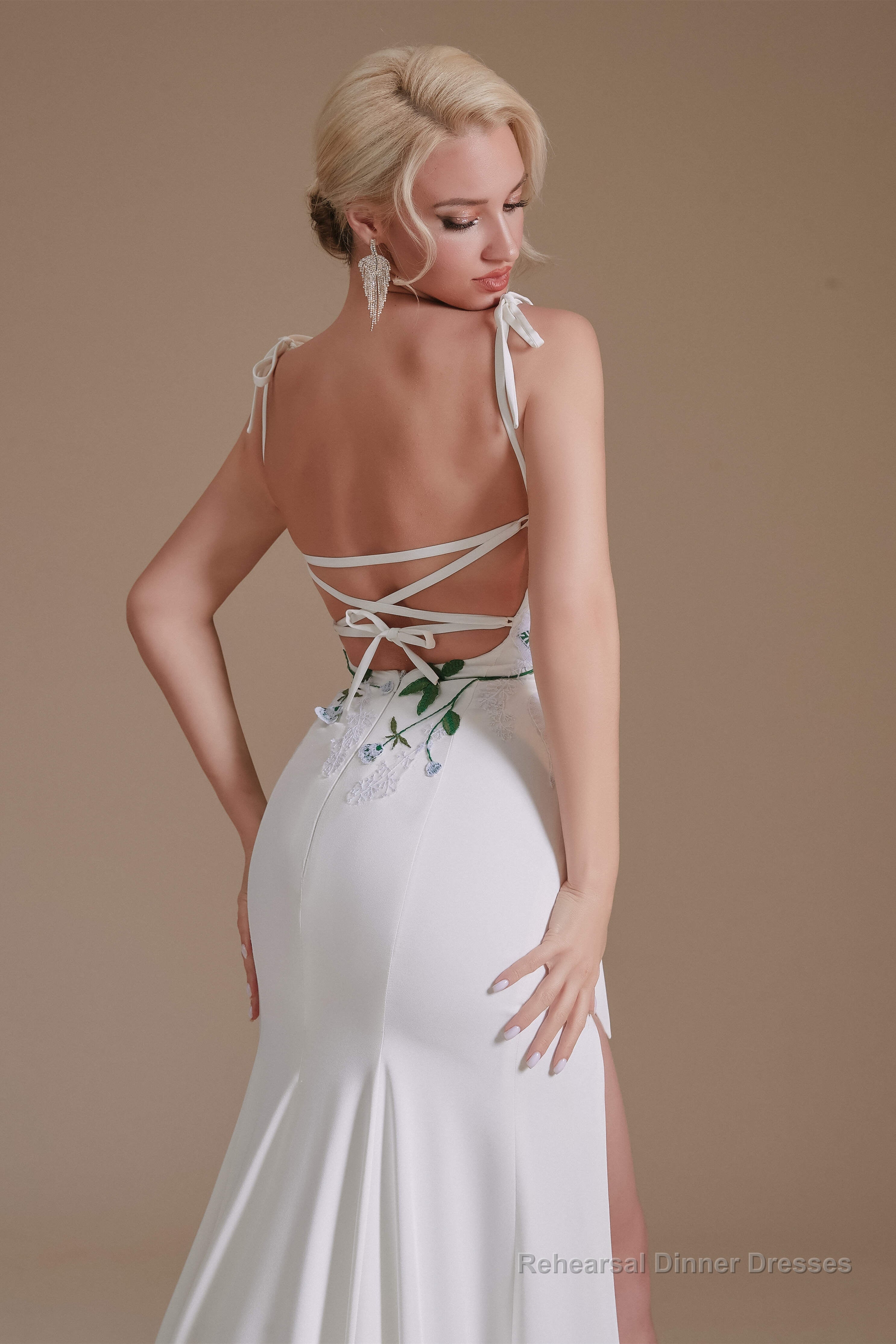 Spaghetti Straps Appliques Sweep Train High Split Prom Dresses Secondary image