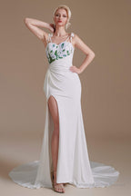 Spaghetti Straps Appliques Sweep Train High Split Prom Dresses