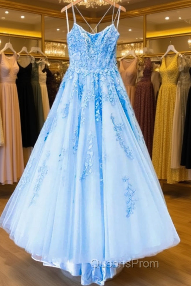 Spaghetti Straps Backless Blue Lace Evening Prom Dress, Open Back Blue Lace Formal Evening Dress Main image