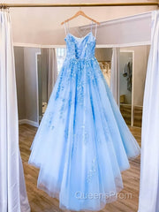 Spaghetti Straps Backless Blue Lace Evening Prom Dress, Open Back Blue Lace Formal Evening Dress