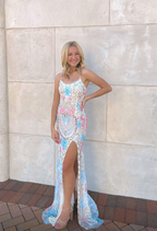 White Gorgeous Shiny Exquisite Beaded Spaghetti Strap Sequined Backless Long Chiffon Ball Gown Prom Dress Evening Gown Holiday Party Dress