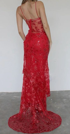 Spaghetti Straps Birthday Party Dress Red Lace Classy Prom Dress