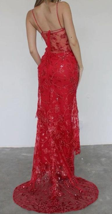 Spaghetti Straps Birthday Party Dress Red Lace Classy Prom Dress