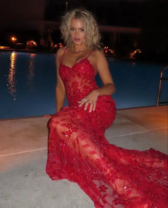 Spaghetti Straps Birthday Party Dress Red Lace Classy Prom Dress Main image