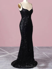 Spaghetti Straps Black Sequin Prom Dress Mermaid Skirt