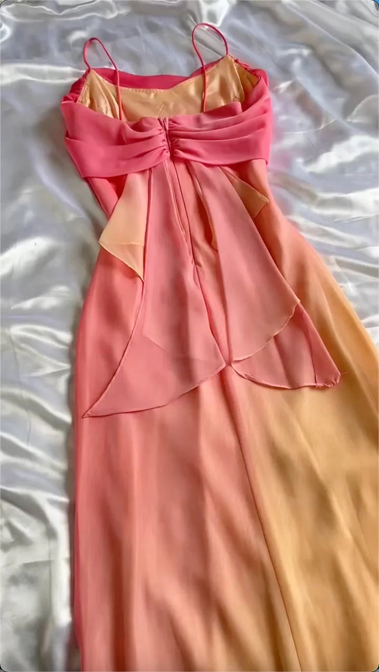 Blue/Orange Fashion Gradient Elegant Spaghetti Strap Long Chiffon Classy Prom Dress Classy Evening Dress Party Dress