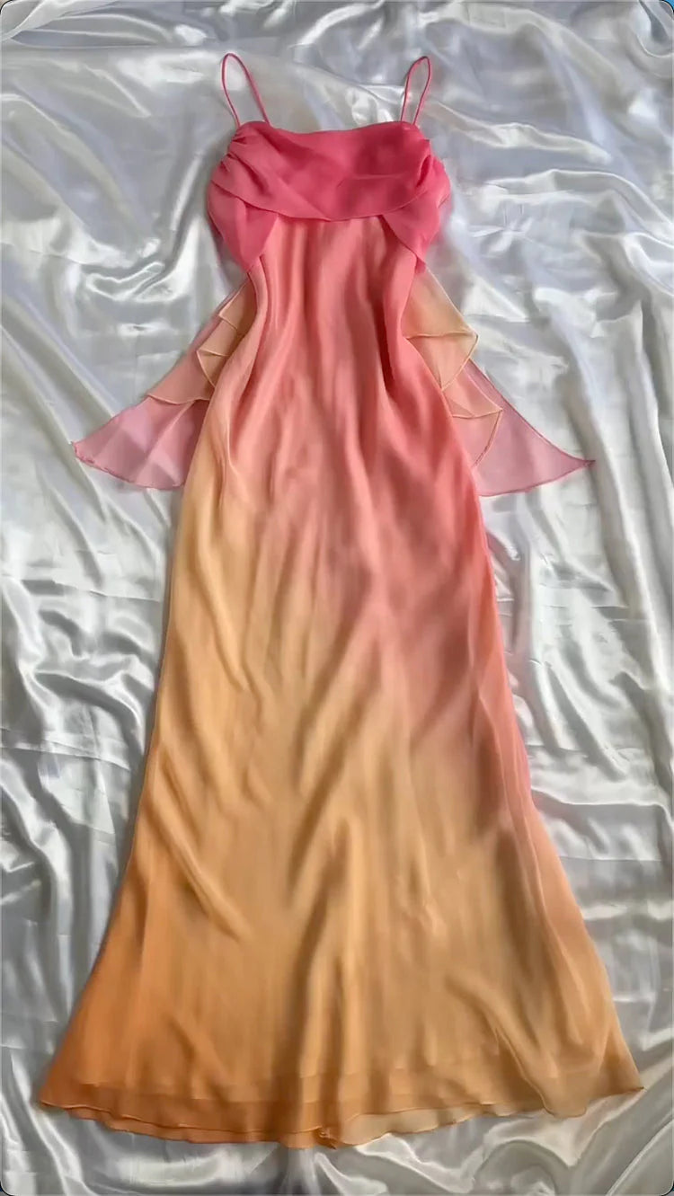 Blue/Orange Fashion Gradient Elegant Spaghetti Strap Long Chiffon Classy Prom Dress Classy Evening Dress Party Dress