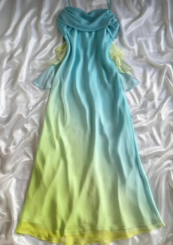 Blue/Orange Fashion Gradient Elegant Spaghetti Strap Long Chiffon Classy Prom Dress Classy Evening Dress Party Dress Main image