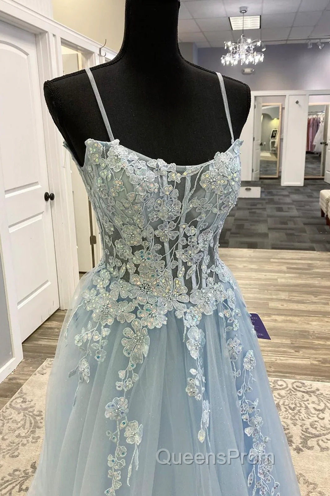 Spaghetti Straps Blue Lace Evening Prom Dress, Blue Lace Long Formal Evening Dress Secondary image