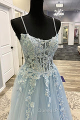 Spaghetti Straps Blue Lace Evening Prom Dress, Blue Lace Long Formal Evening Dress