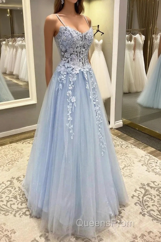 Spaghetti Straps Blue Lace Evening Prom Dress, Blue Lace Long Formal Evening Dress Main image
