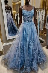 Spaghetti Straps Blue Lace Evening Prom Dress, Blue Lace Long Formal Graduation Dress