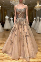 Spaghetti Straps Champagne Lace Tulle Long Evening Prom Dress, Champagne Lace Formal Evening Dress, Champagne Ball Gown