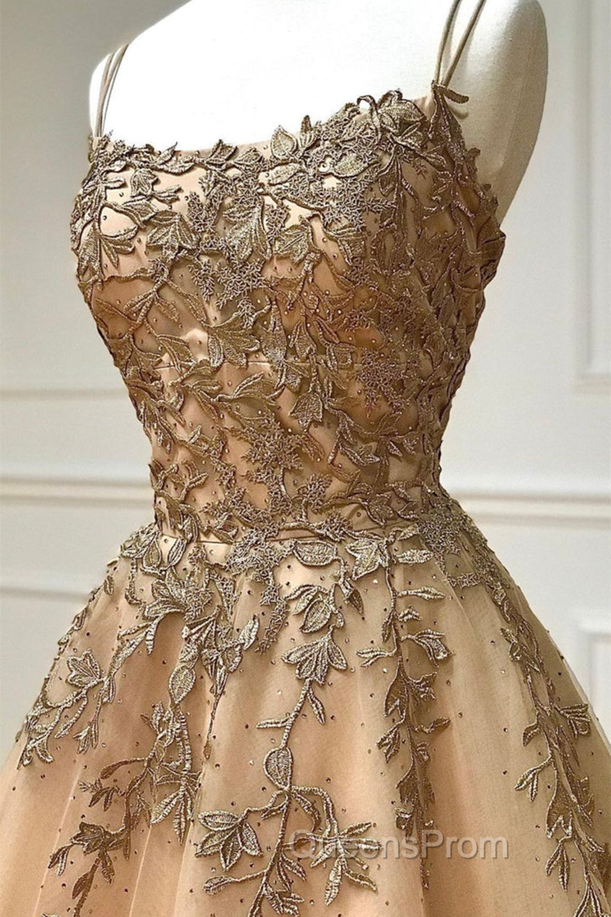 Spaghetti Straps Champagne Lace Tulle Long Evening Prom Dress, Champagne Lace Formal Evening Dress, Champagne Ball Gown Secondary image
