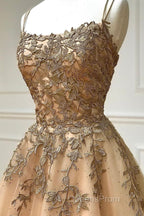 Spaghetti Straps Champagne Lace Tulle Long Evening Prom Dress, Champagne Lace Formal Evening Dress, Champagne Ball Gown