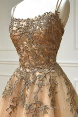 Spaghetti Straps Champagne Lace Tulle Long Evening Prom Dress, Champagne Lace Formal Evening Dress, Champagne Ball Gown
