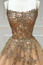 Spaghetti Straps Champagne Lace Tulle Long Evening Prom Dress, Champagne Lace Formal Evening Dress, Champagne Ball Gown