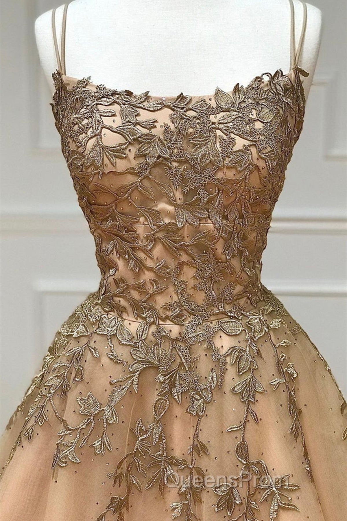 Spaghetti Straps Champagne Lace Tulle Long Evening Prom Dress, Champagne Lace Formal Evening Dress, Champagne Ball Gown