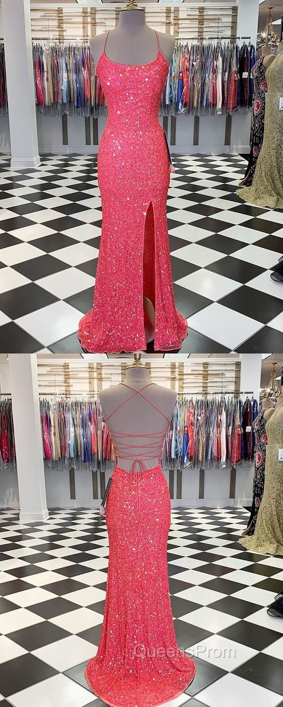 Spaghetti Straps Coral Pink Sequin Mermaid Evening Prom Dress With Slit Secondary image