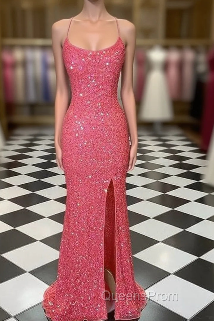 Spaghetti Straps Coral Pink Sequin Mermaid Evening Prom Dress With Slit Main image
