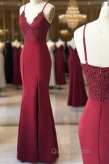 Spaghetti Straps Floor Length Burgundy Lace Evening Prom Dress, Burgundy Lace Formal Evening Bridesmaid Dress