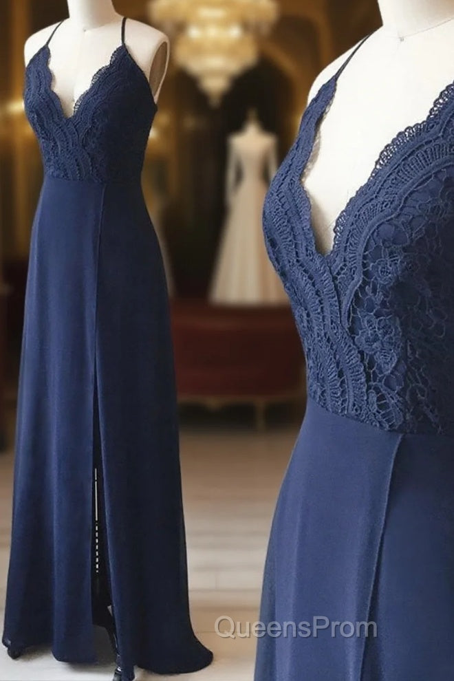 Spaghetti Straps Floor Length Navy Blue Lace Evening Prom Dress, Navy Blue Lace Formal Evening Bridesmaid Dress Main image