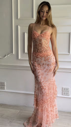Spaghetti Straps Floral Party Dress, Pink Classy Evening Classy Prom Dress